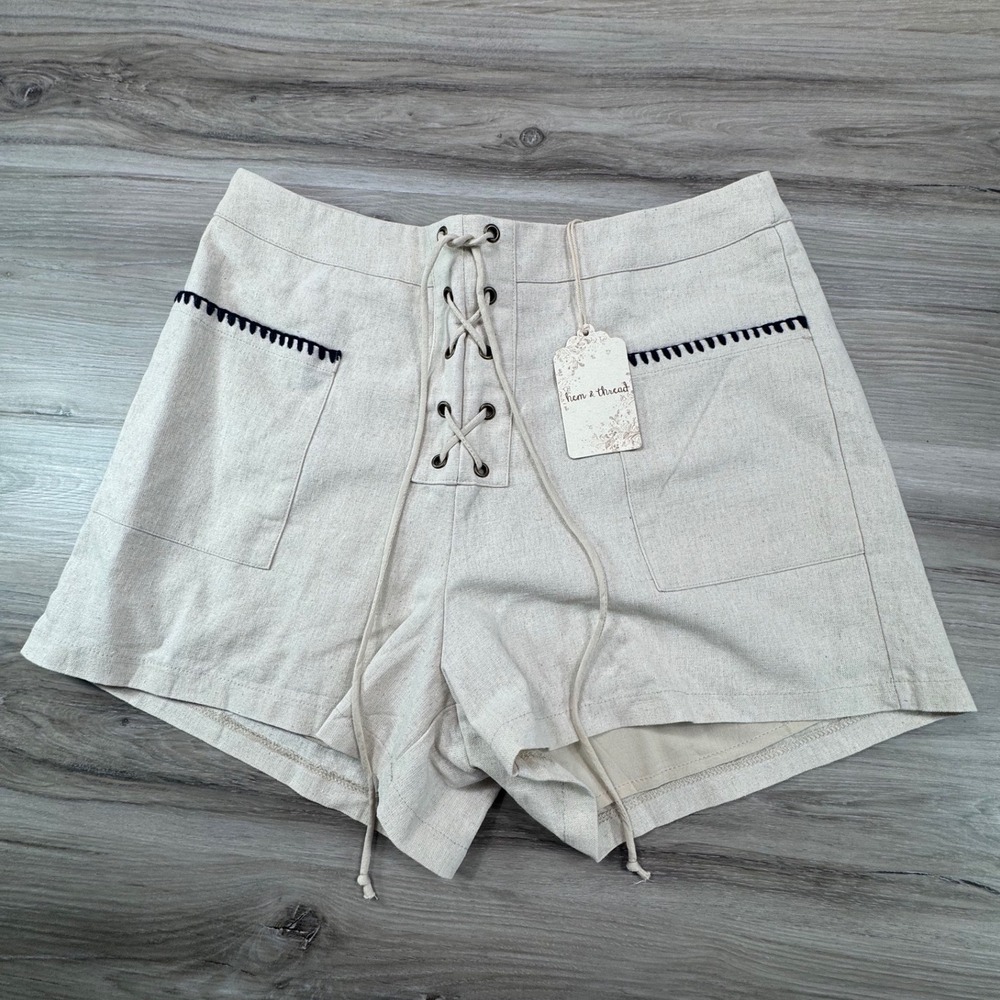 NWT Hem & Thread Oatmeal Linen Lace Up High Waisted Shorts Beige Boho Medium